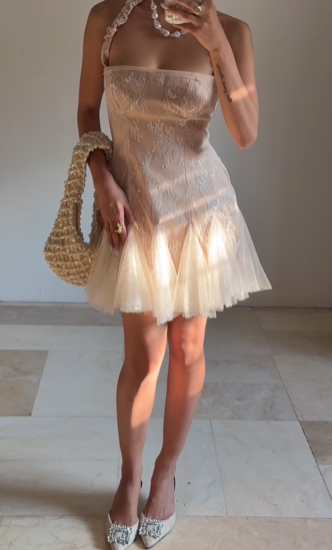 Sweet Tulle Lace Halter Homecoming Dress Short Party Dress