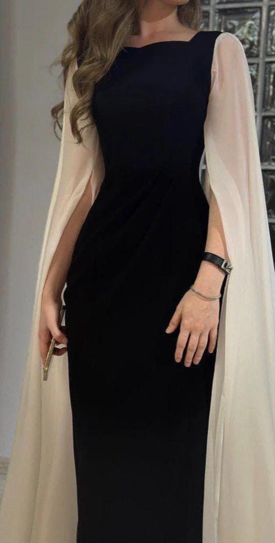 Beautiful Black Satin Chiffon Sheath Evening Dress Elegant Formal Prom Party Dress