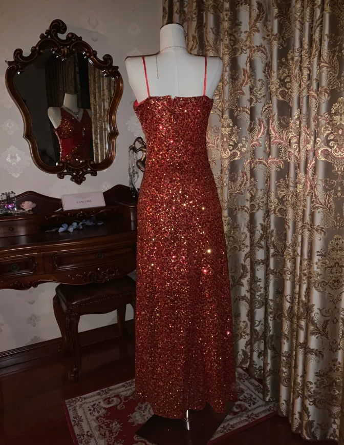 Vintage Red V Neck Sequin Beaded Mermaid Party Dress Long Evening Gown