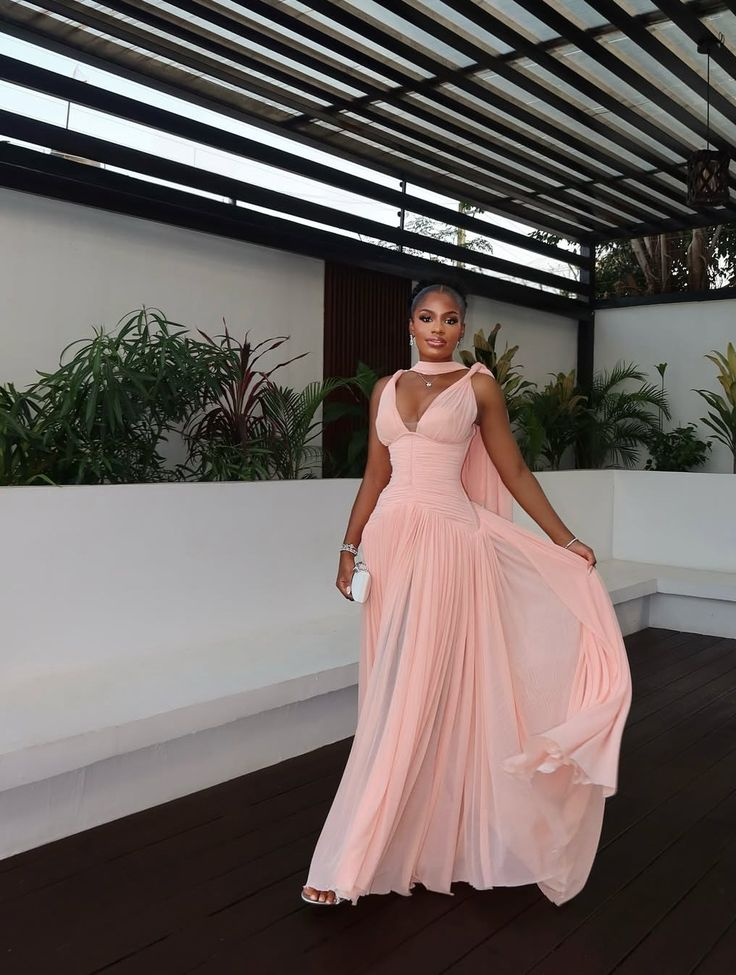 Stylish Pink Chiffon Pleated A Line Long Wedding Guest Dress Evening Dress With Ribbon