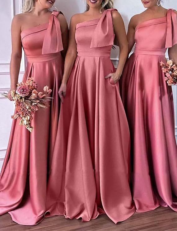 Women's One Shoulder Pink Satin Long Evening Dress