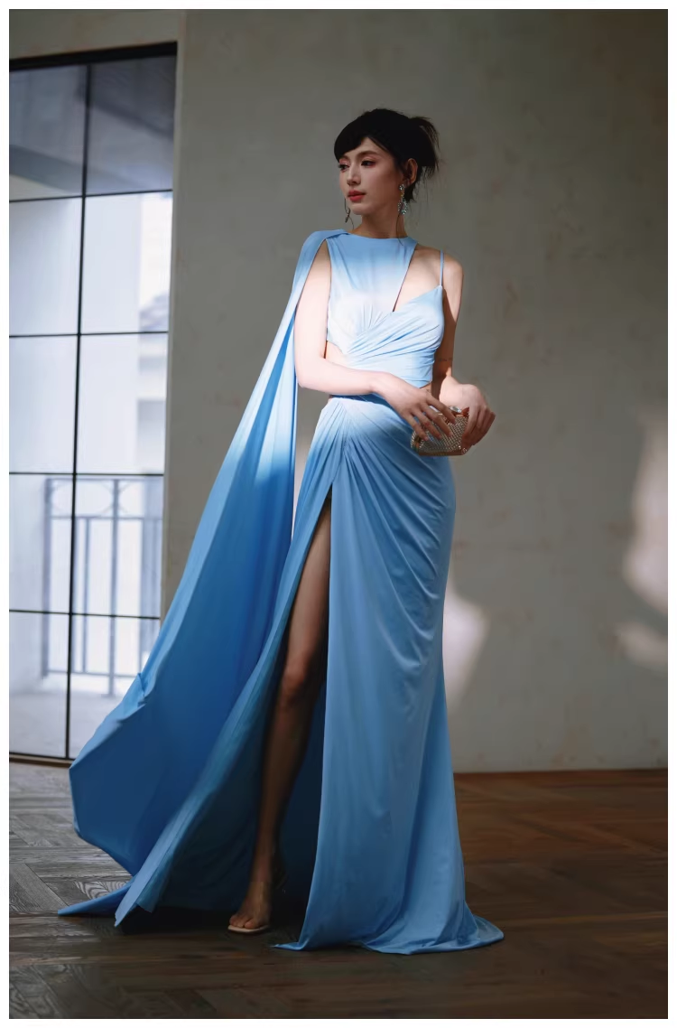 Sexy Blue Satin Slit Mermaid Long Prom Dress Evening Dresses