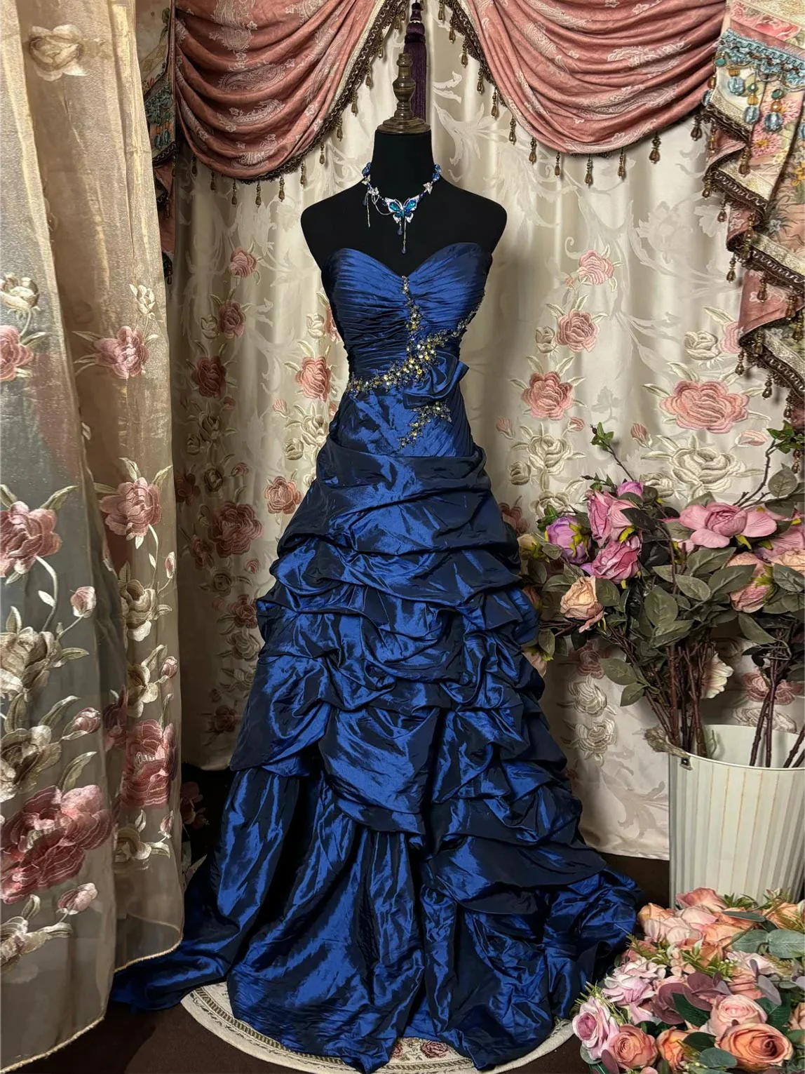 Unique Strapless Satin Pleated Evening Dress Blue Sequin Beaded Long Party Dress Birthday Prom Dress