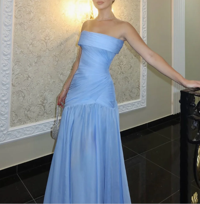 Elegant Strapless Blue Chiffon Pleated Mermaid Evening Dress Long Wedding Guest Dress