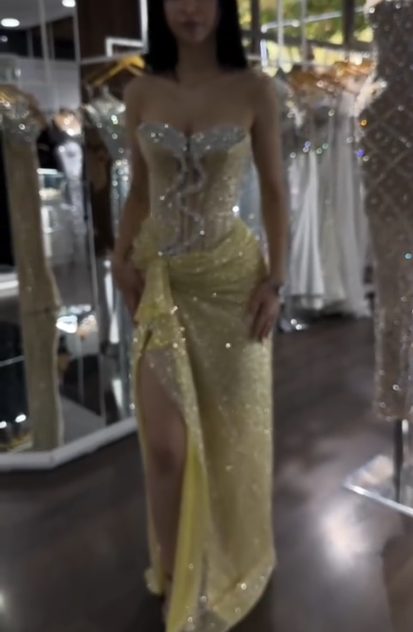 Glitter Strapless Yellow Sequin Beaded Mermaid Slit Evening Dress Formal Birthday Party Dress