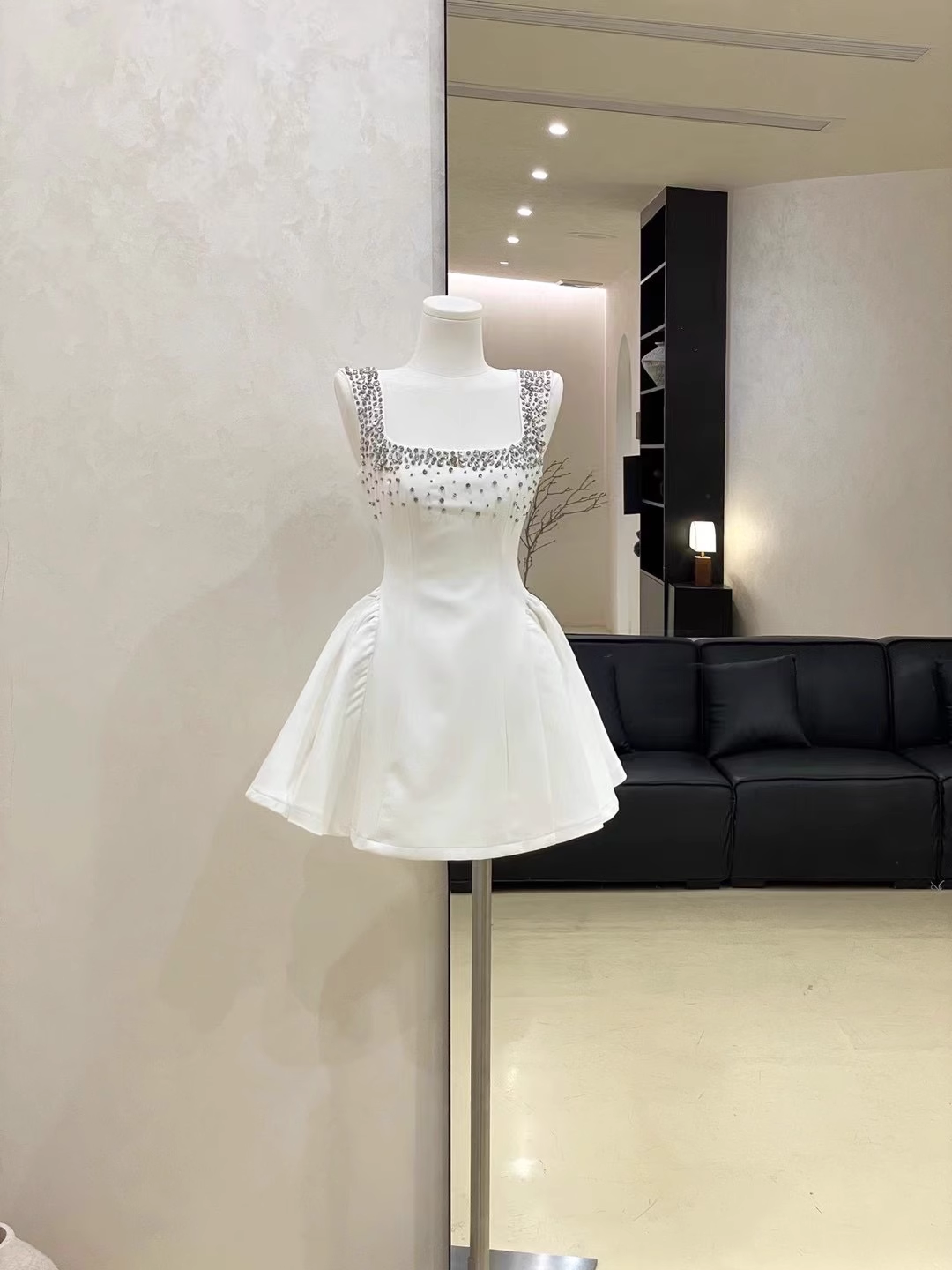 Sexy White Satin Beaded Square Neck A Line Birthday Outfits Vacation Dress
