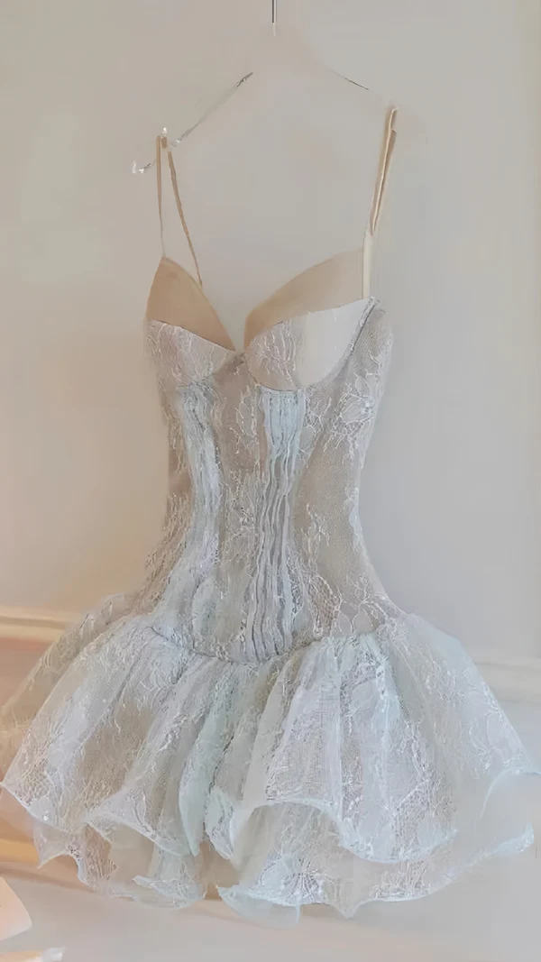 Classy Spaghetti Straps Light Blue Lace Short Homecoming Dress 18th Birthday Outfits