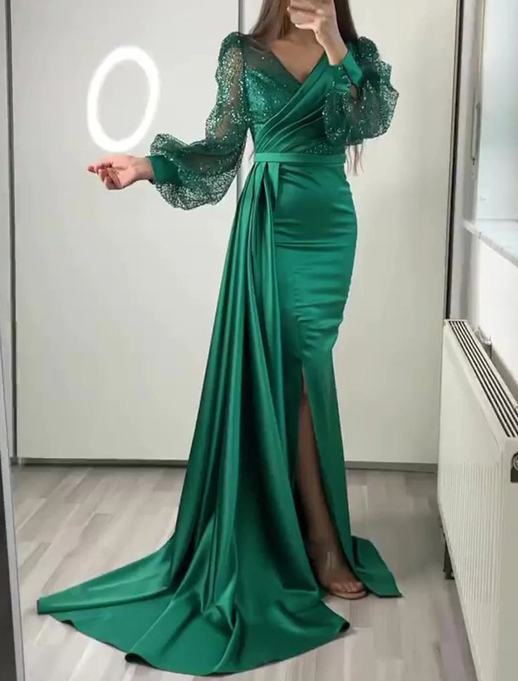 Dark Green Mermaid V Neck Satin Evening Dress Long Sleeves