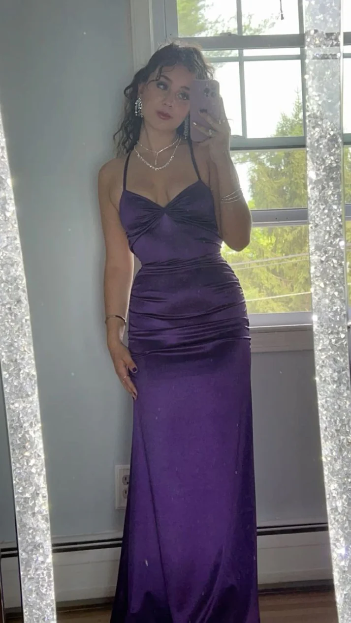 Simple Sheath Party Dress Spaghetti Strapless Purple Prom Evening Dress