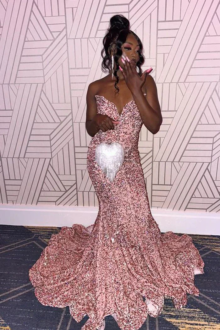 Pink Sequin Mermaid Evening Dress Strapless Long Prom Dress