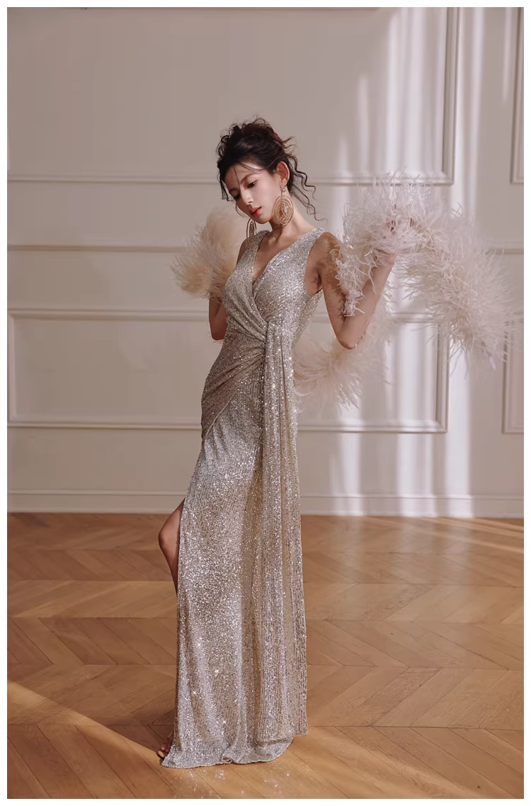 Glitter V Neck Silver Sequin Slit Mermaid Long Evening Dress Birthday Dress