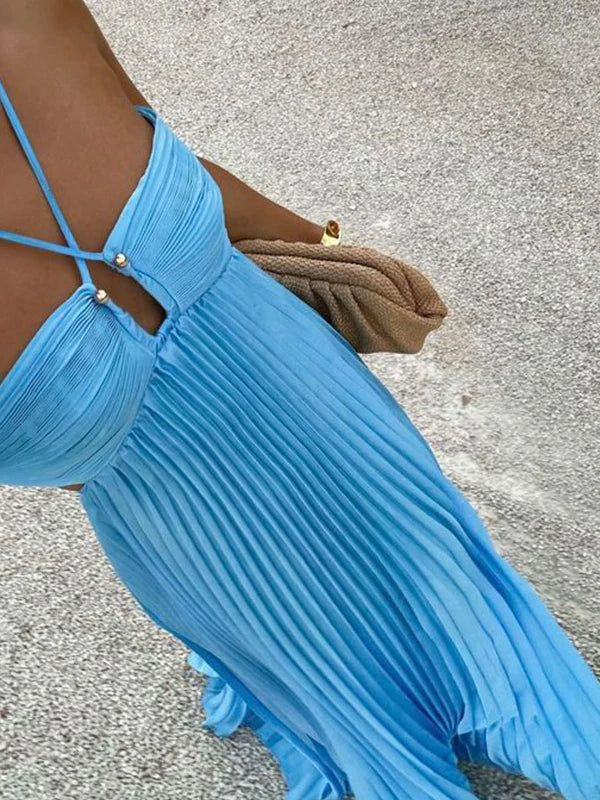 Sexy Halter Satin Pleated A Line Party Dress,Blue Backless Prom Evening Dress