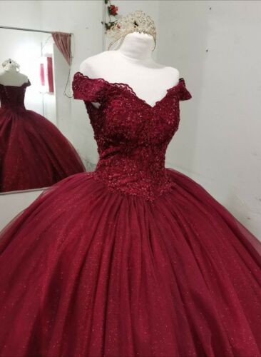 Burgundy Off the Shoulder Quinceanera Dresses Ball Gown Lace Prom Sweet 16 Dress