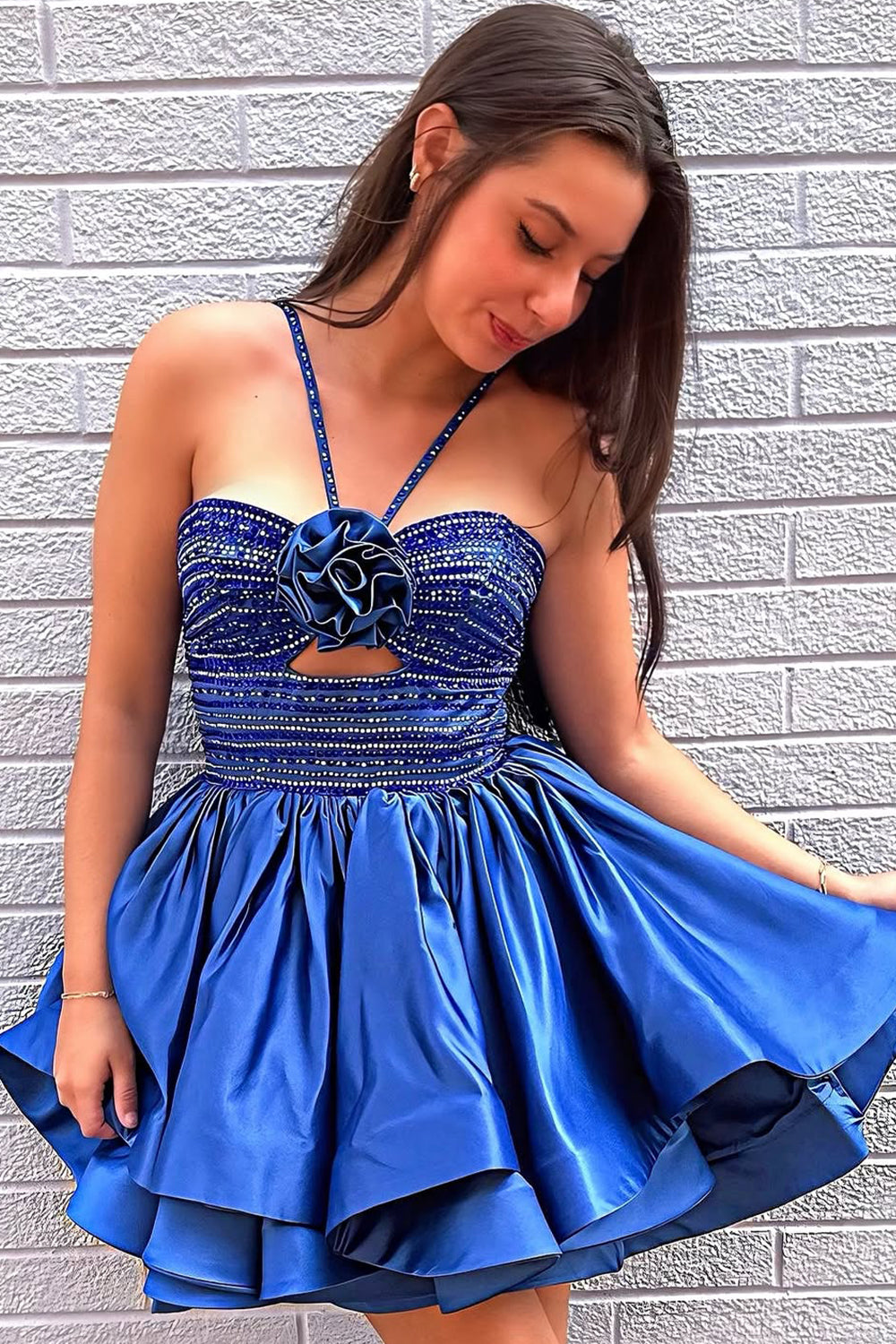 Avant-garde A Line Halter Neck Royal Blue Short Homecoming Dress with Beading Keyhole
