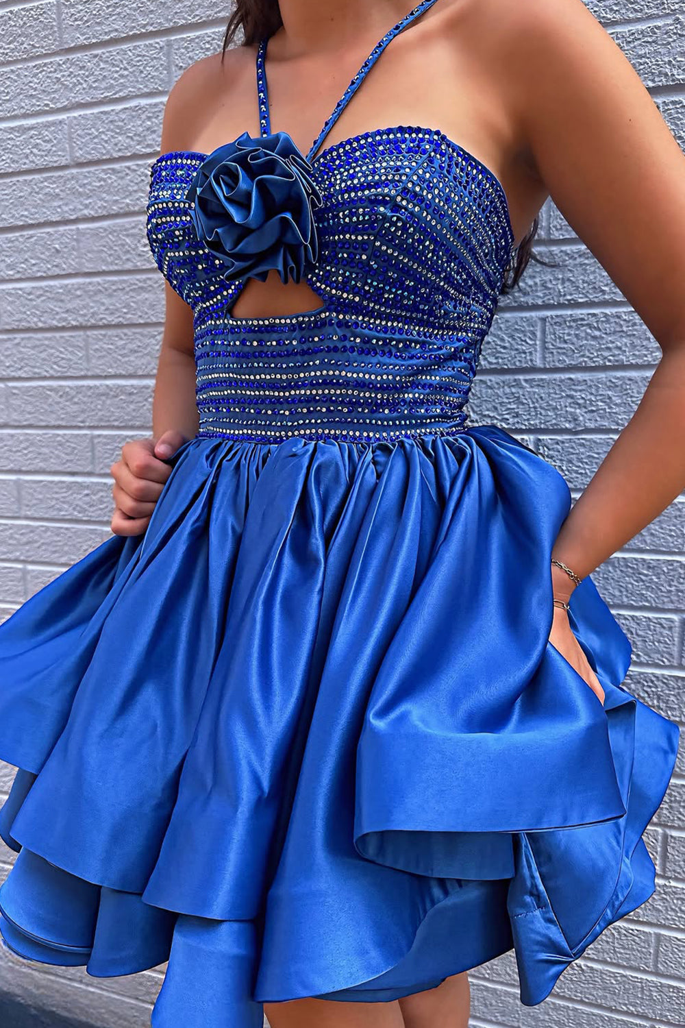 Avant-garde A Line Halter Neck Royal Blue Short Homecoming Dress with Beading Keyhole