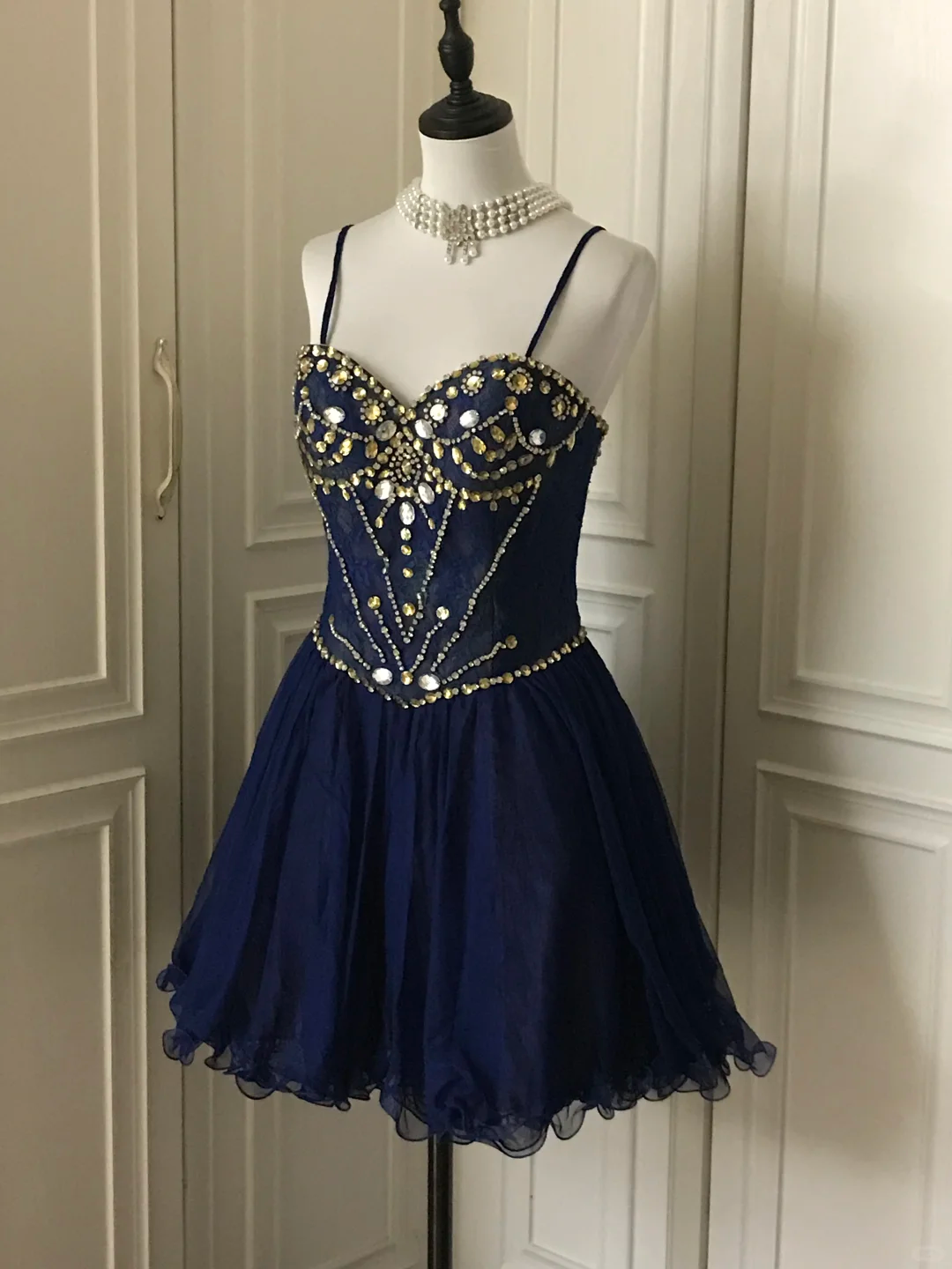 Vintage Navy Blue Lace Beaded A Line Homecoming Dress Birthday Dress