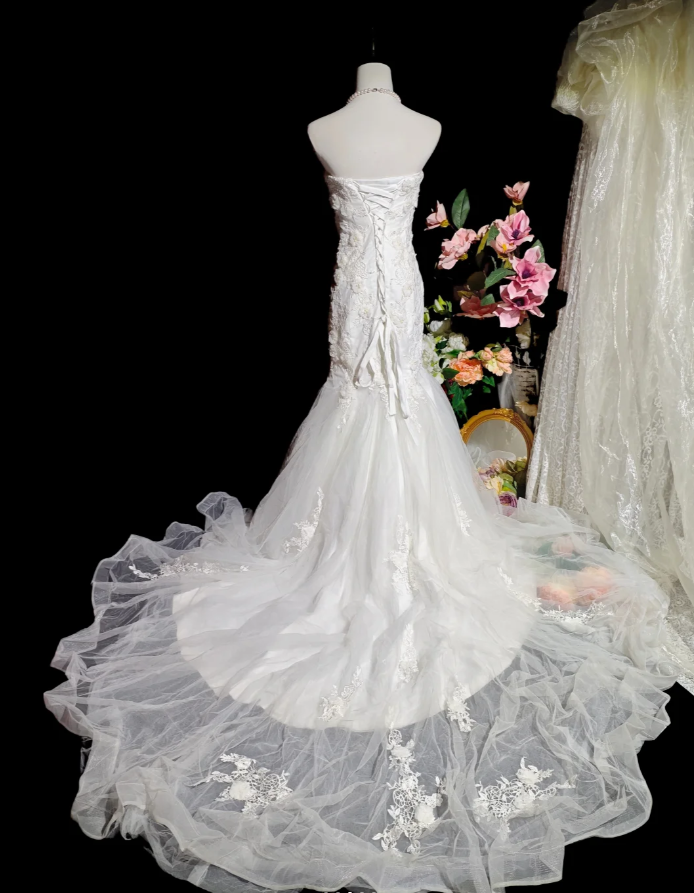Fairy Strapless White Tulle Appliques Mermaid Long Party Dress Birthday Evening Dress