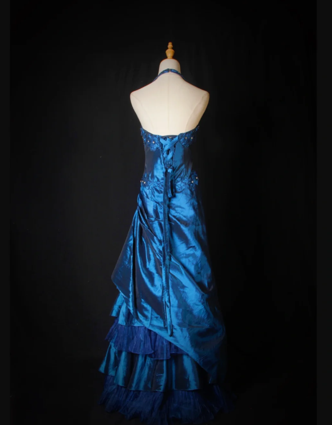 Elegant Blue Halter Embroidered Beaded Satin Pleated Mermaid Party Dress Long Birthday Evening Dress