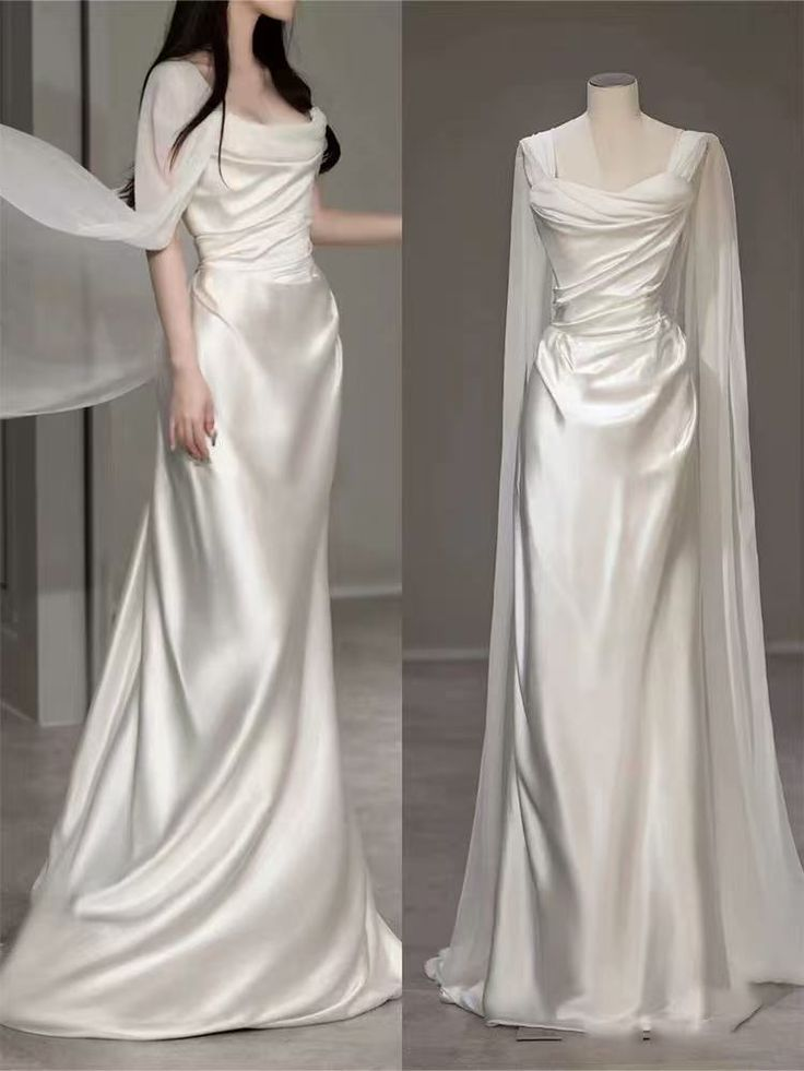 White Satin Pleated Straps Wedding Dress,Elegant Prom Evening Dress