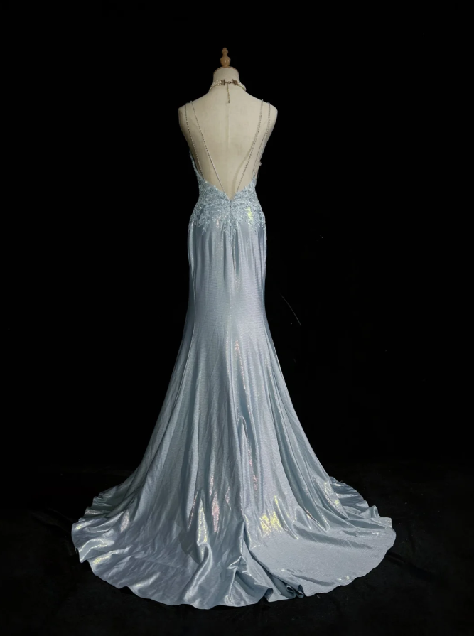 Elegant Spaghetti Straps Blue Satin Appliques Sequin Mermaid Long Wedding Guest Dress Evening Dress