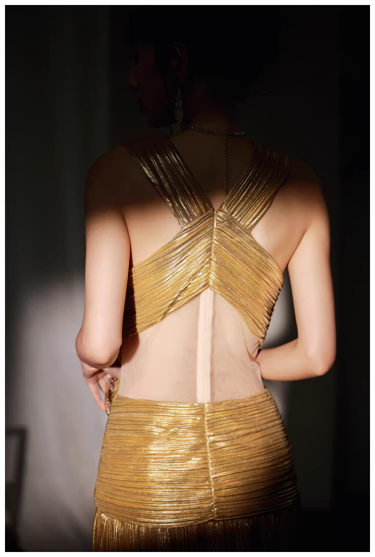 Gorgeous V Neck Gold Satin Pleated Long Evening Dress 19th Birthday Outfits