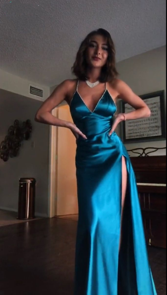Classy Spaghetti Straps Blue Satin Beaded A Line Slit Long Wedding Guest Dress Evening Gown