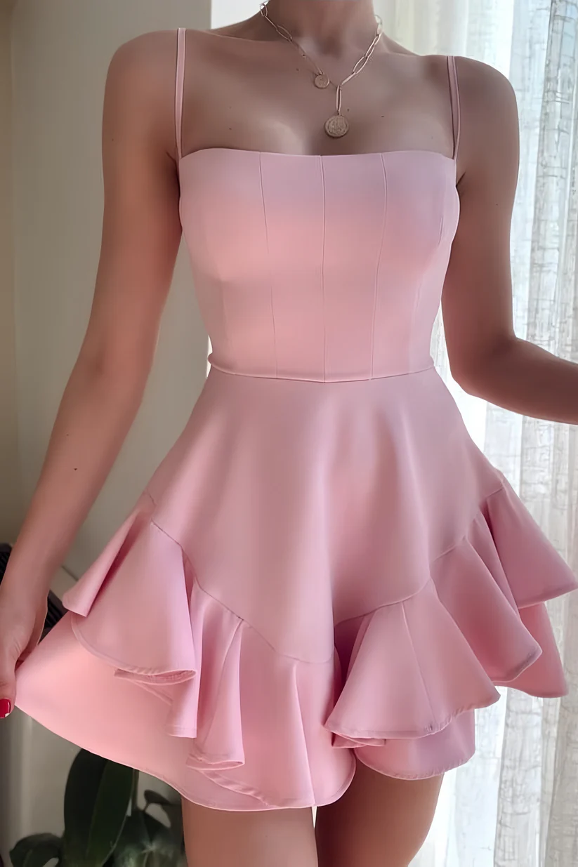 Classy Spaghetti Straps Pink Satin A Line Layered Short Homecoming Dress 20th Birthday Outfits