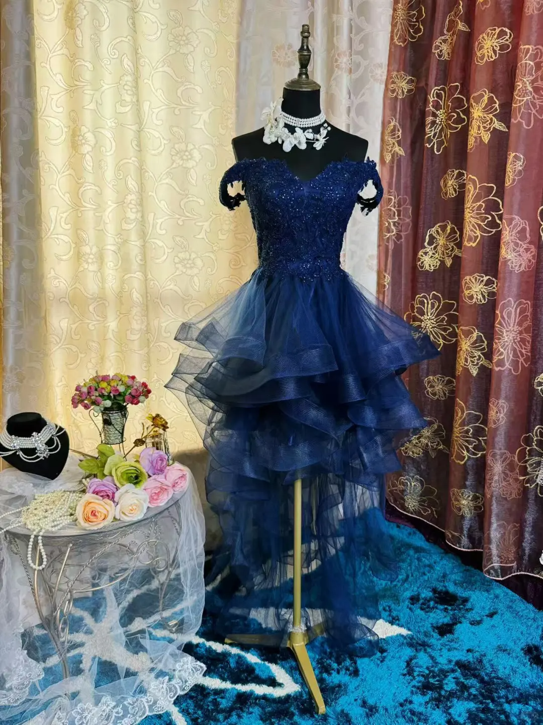 Vintage Navy Blue Tulle Appliques A Line Short Homecoming Dress Off The Shoulder 19th Birthday Outfits