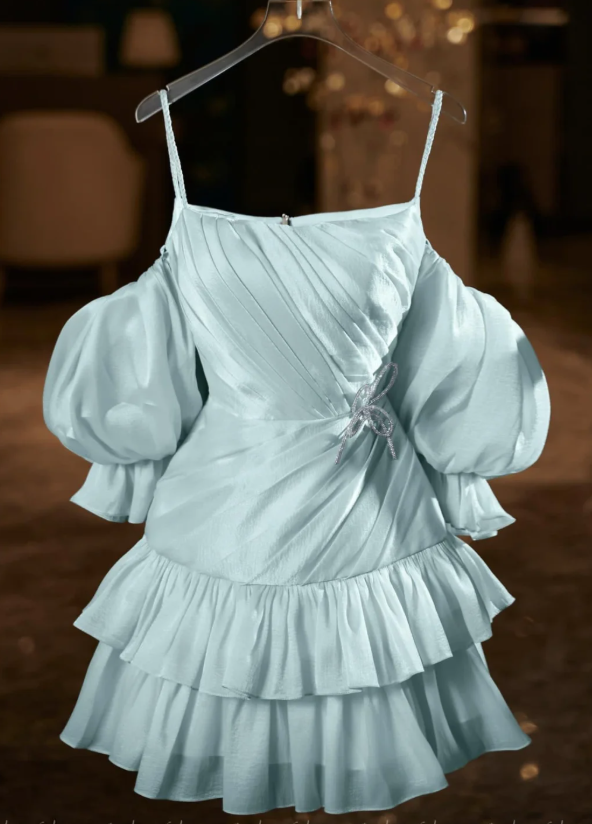 Pretty Off The Shoulder Satin Chiffon Homecoming Dress Green Puff Sleeves Cocktail Dress