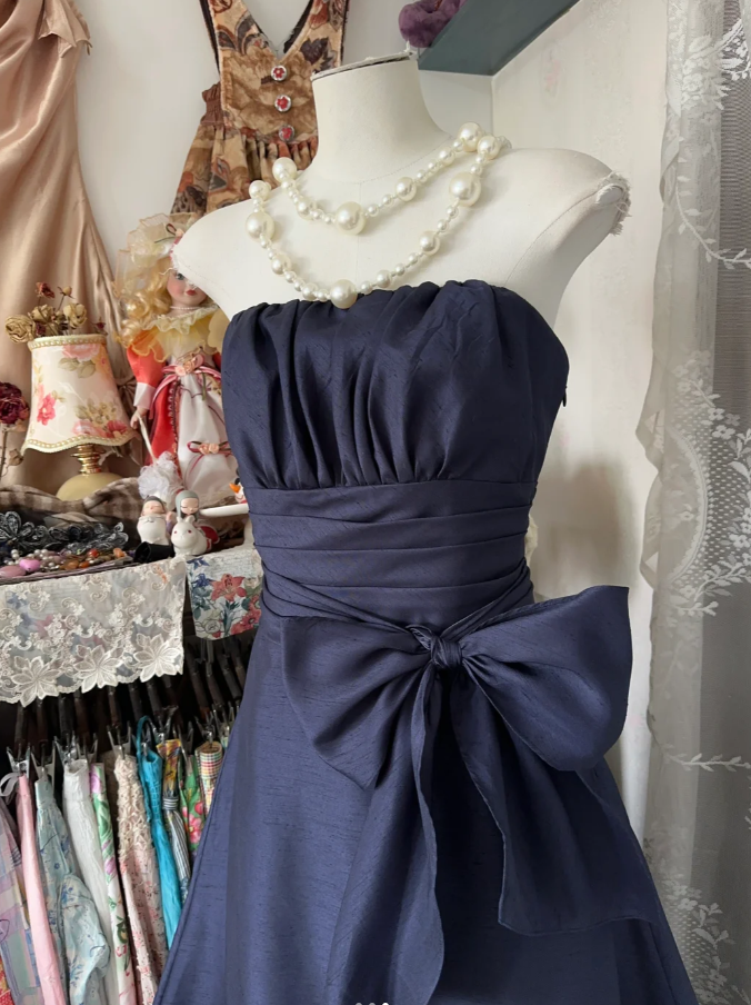 Elegant Navy Blue Strapless Satin Bow A Line Long Wedding Guest Dress Party Dress
