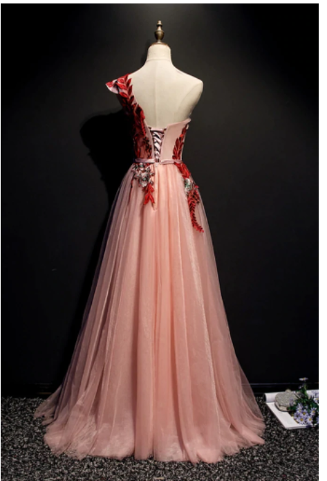 A Line One Shoulder Tulle Red Applique Long Prom Dress Evening