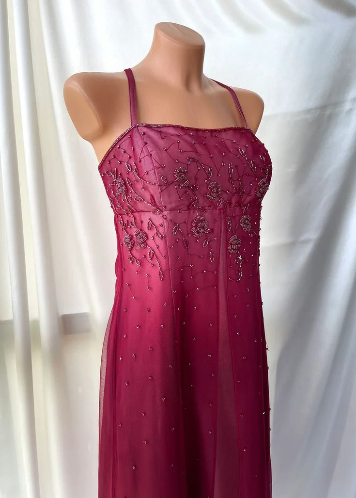 Pretty Spaghetti Straps Ombre Hot Pink Satin Beaded A Line Long Evening Dress Birthday Party Dress