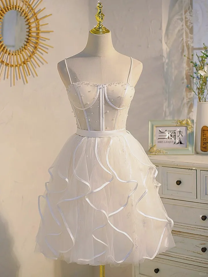 Cute White Tulle Ruffles Beaded A Line Short Prom Dress 22nd Birthday Outfits