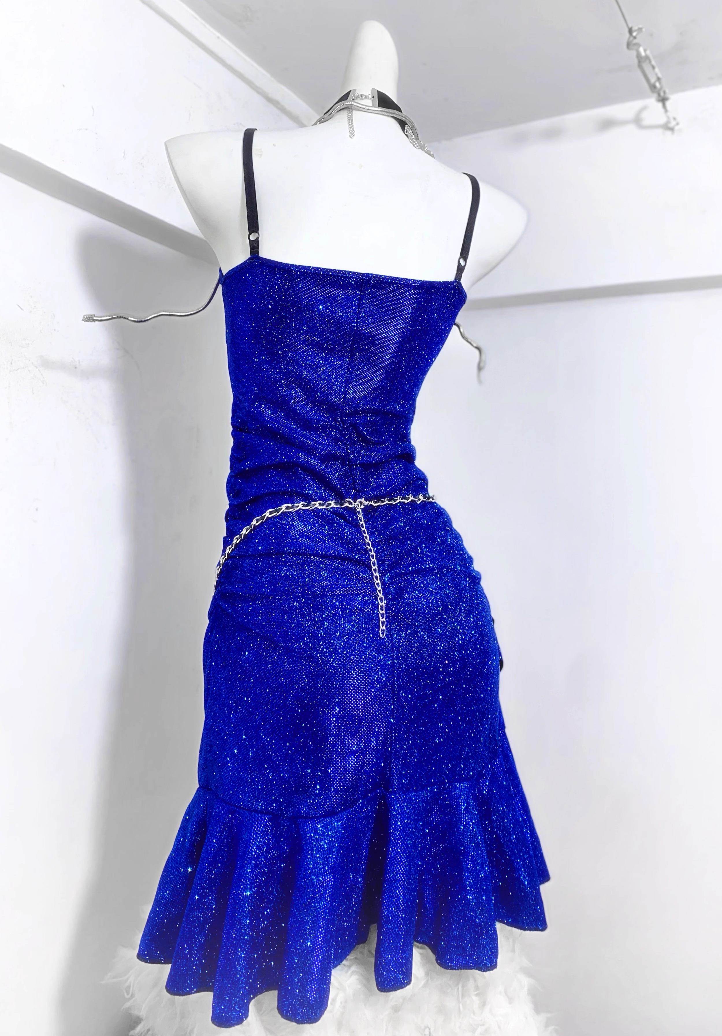 Gorgeous Spaghetti Straps Royal Blue Satin Ruffles Homecoming Dress Cocktail Dress