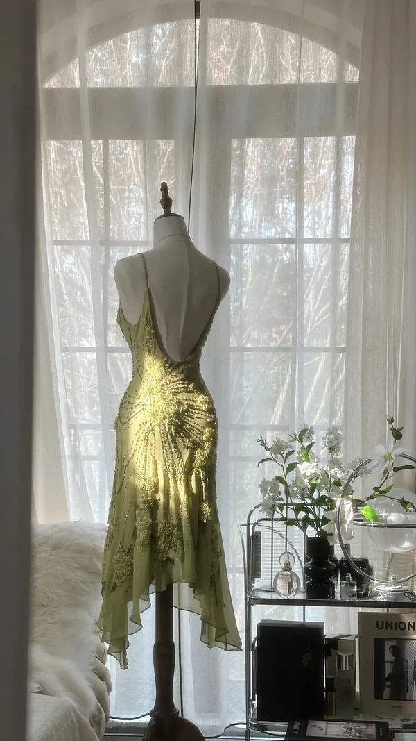 Vintage Green Chiffon Beaded Birthday Dress Homecoming Dress