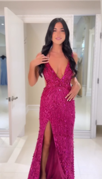 Gorgeous V Neck Sequin Beaded Mermaid Slit Evening Dress Long Party Dress