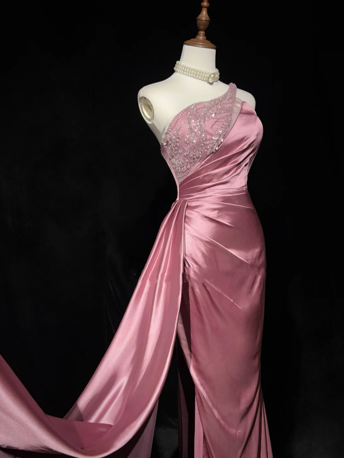 Chic One Shoulder Satin Sequin Beaded Mermaid Long Evening Dress Formal Pink Wedding Guest Dress