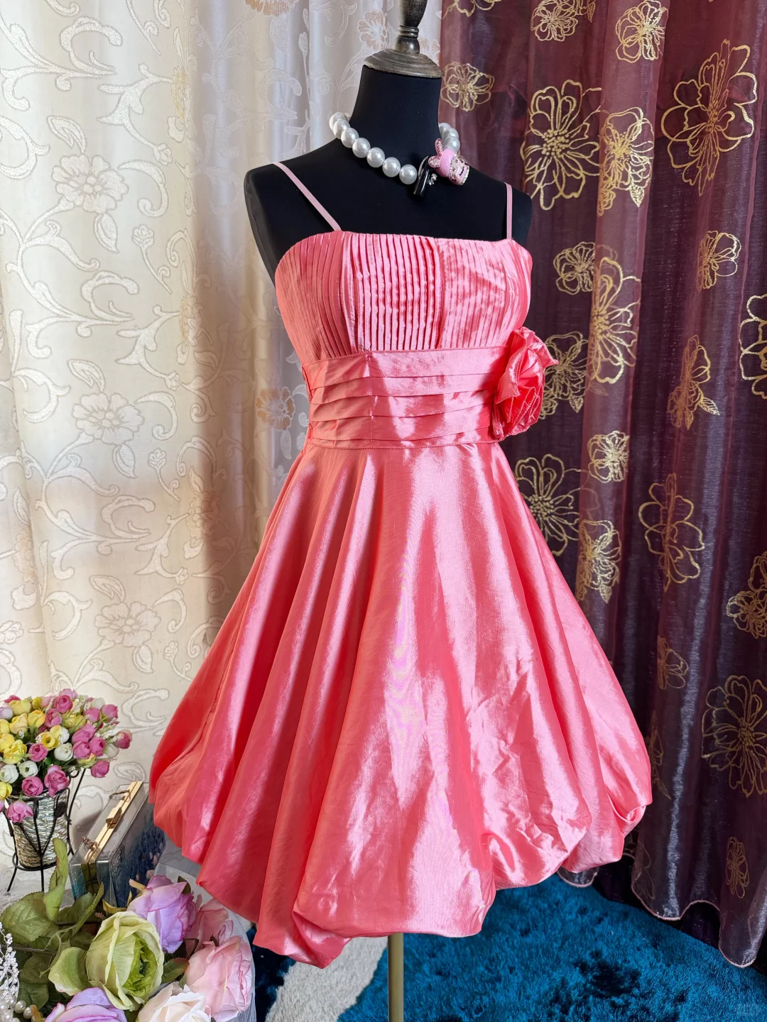 Pretty Spaghetti Straps Pink Satin A Line Homecoming Dress Short 21st Birthday Outfits With Flower
