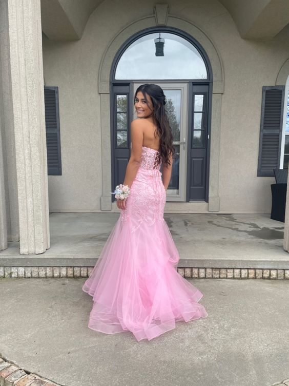 Pink Strapless Tulle Appliques Mermaid Long Prom Dress