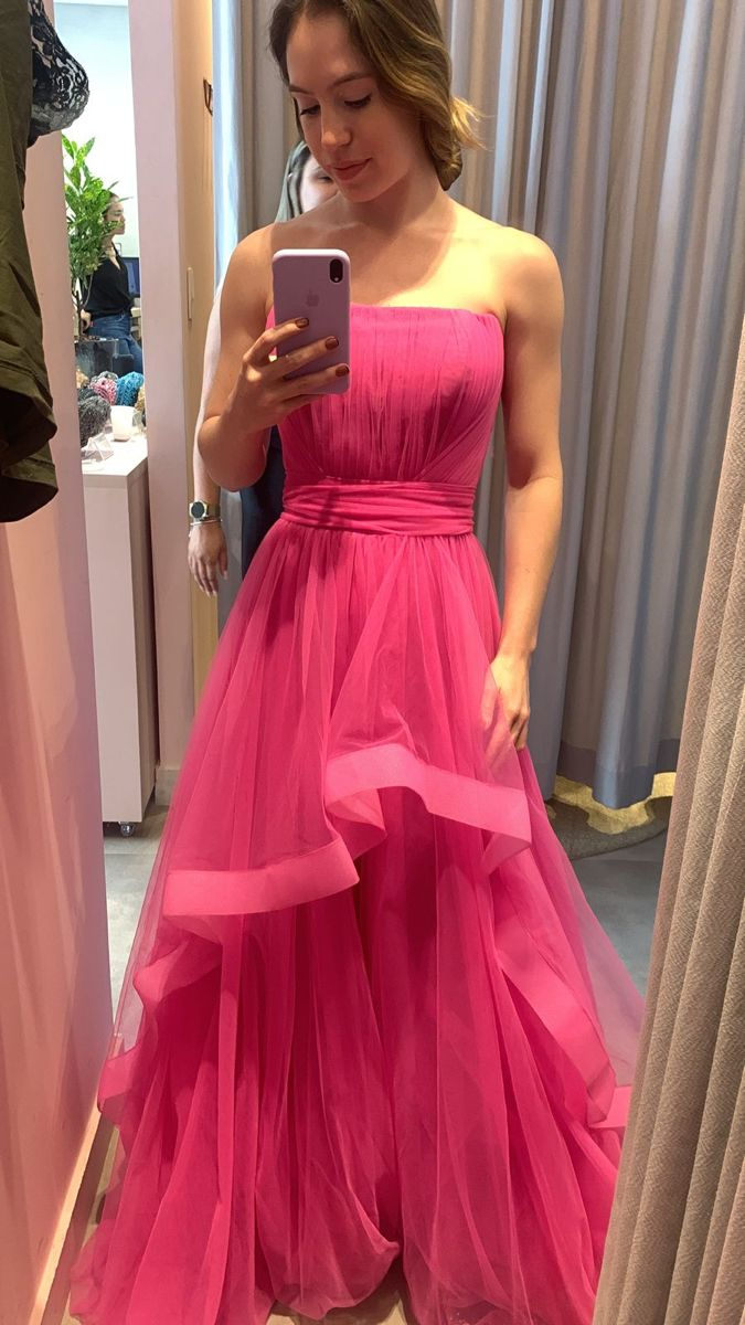 Elegant Hot Pink Strapless A-line Evening Dress,Princess Dress