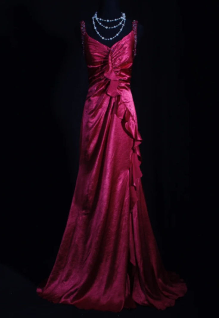 Pretty V Neck Hot Pink Satin Pleated Beaded Ruffles Mermaid Evening Dress Long Prom Dress