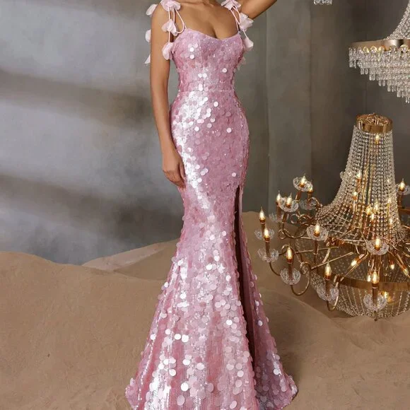 Sparkly Spaghetti Straps Pink Sequin Mermaid Slit Evening Dress Long Birthday Party Dress