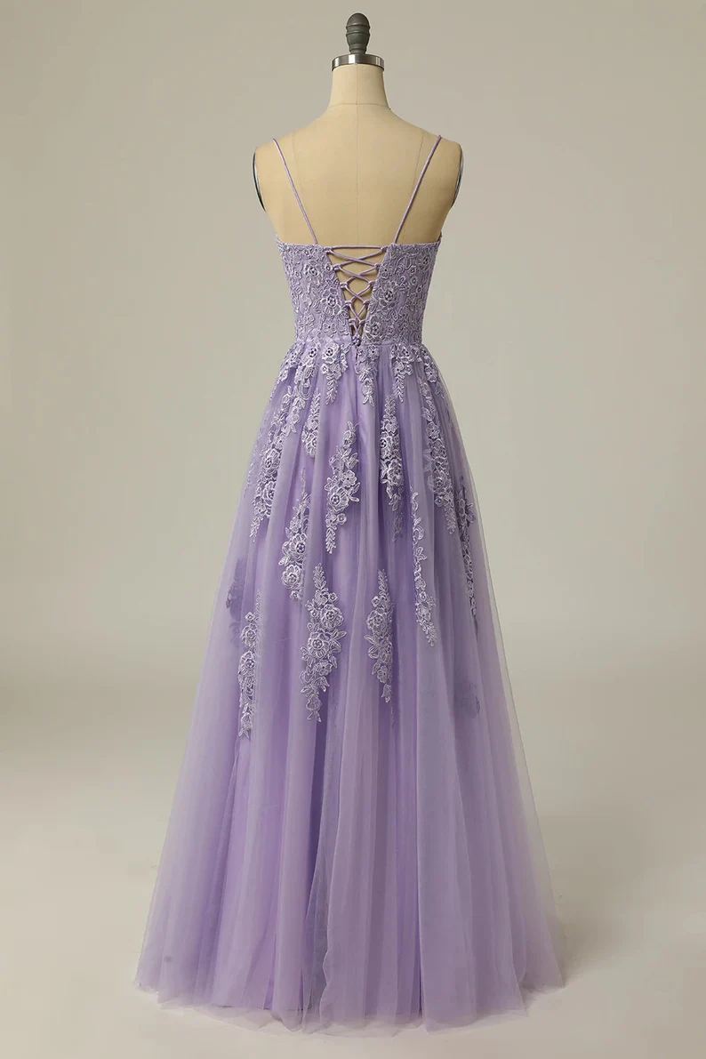 A Line Bateau Appliques Spaghetti-Straps Sleeveless Prom Dresses