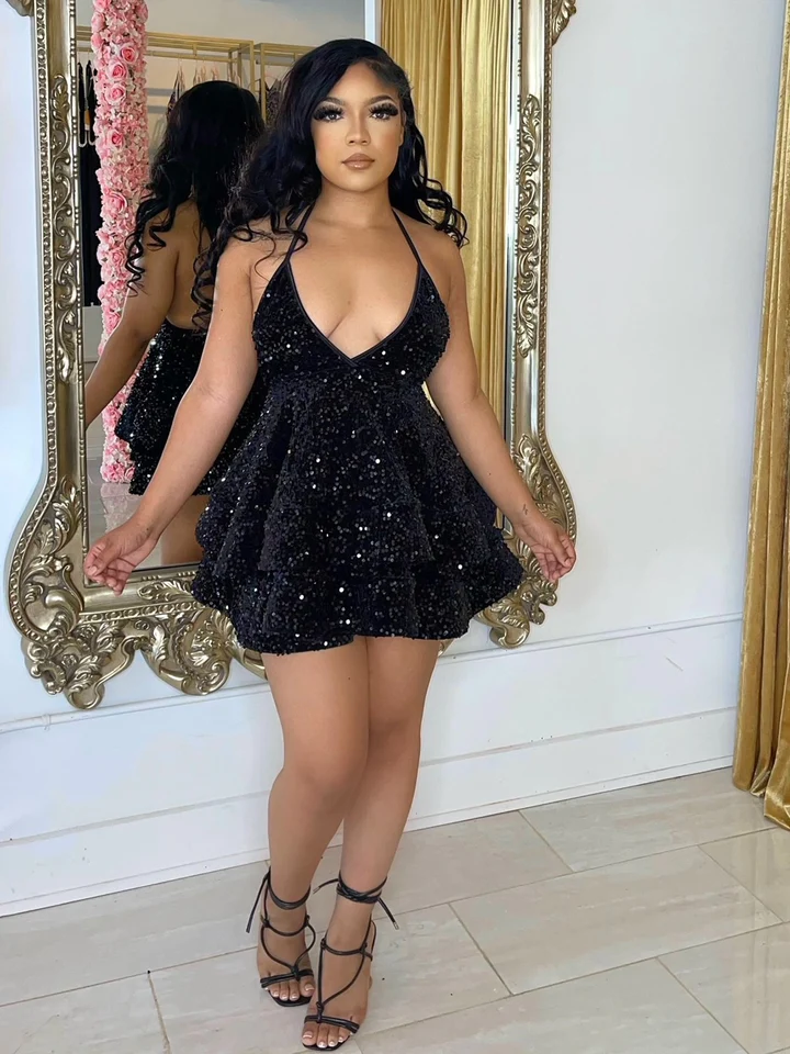 Sequin Party Dress V Neck Ruffle Mini Dress Custom Back to School Dress