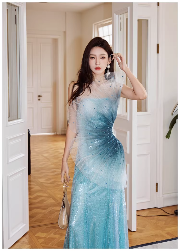Glamorous Blue Tulle Sequin Mermaid Long Evening Dress Formal 19th Birthday Outfits With Beads