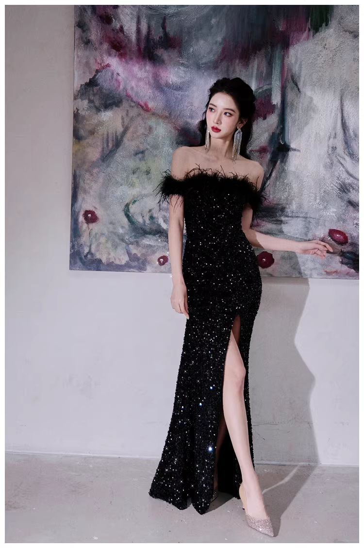 Glamorous Feathers Strapless Black Sequin Slit Mermaid Evening Dress Long Birthday Party Dress