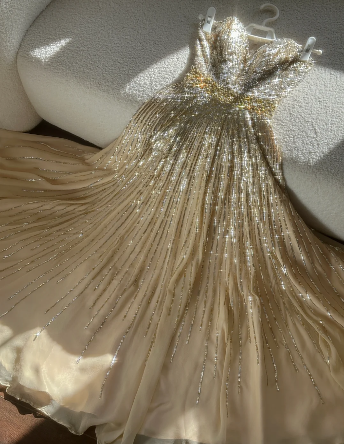 Sparkly Champagne Strapless Chiffon Sequin Beaded Mermaid Evening Dress Long Birthday Party Dress
