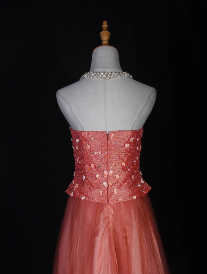 Sweet Strapless Tulle Beaded A Line Long Wedding Guest Dress Formal Birthday Evening Dress