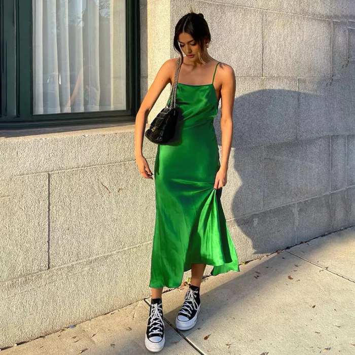New Sling Ice Silk Slit Vacation Dresses Green Prarty Dress Backless Prom Dress