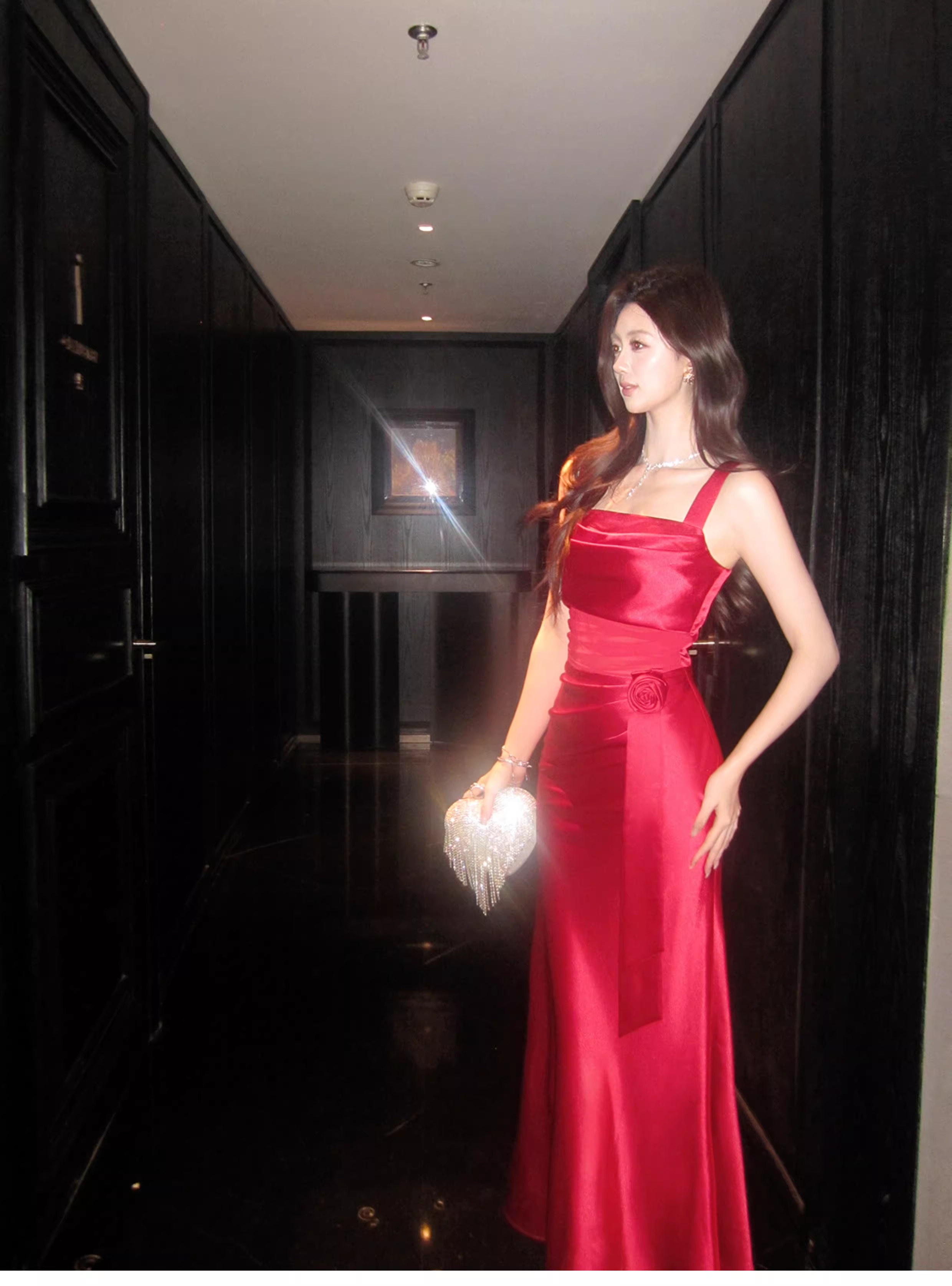 Pretty Red Spaghetti Straps Satin Pleated Mermaid Long Wedding Guest Dress Formal Evening Dress